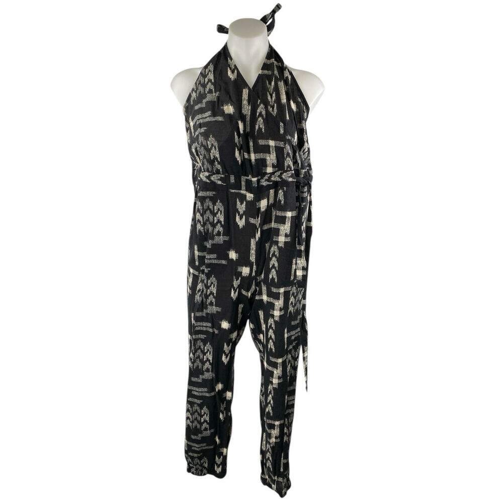Madewell Black Printed Sleeveless Halter Neck Belted Wrap Romper Jumpsuit Size S
